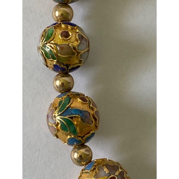 Vintage Hand-Painted Cloisonné Beaded Necklace With Gold Accents - Floral Design - Picture 5 of 7
